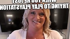 A fat woman striping in front of a camera